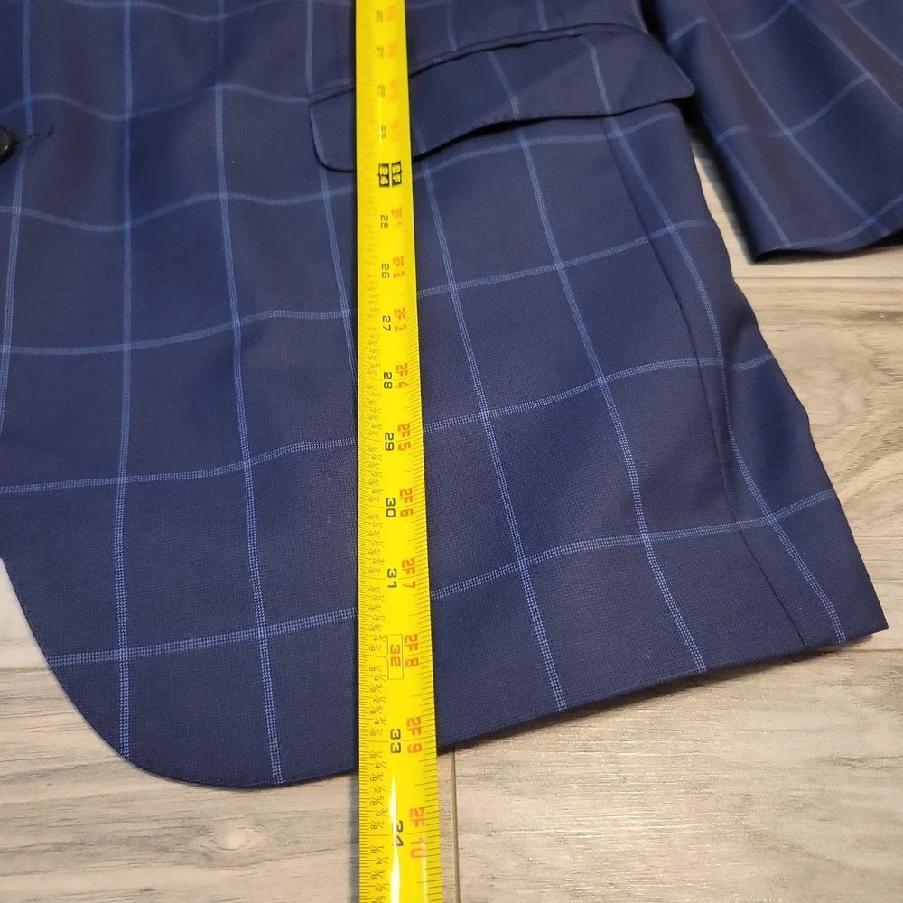 Peter Millar Blazer Jacket 46T Blue 100% Wool Windowpane Sport Coat Two-Button
